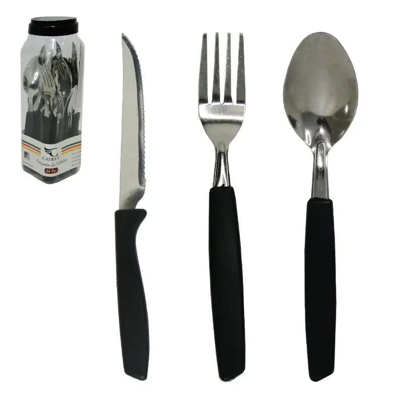 CONJUNTO DE TALHERES / FAQUEIRO DE INOX COM 24 PECAS CABO PRETO NO POTE