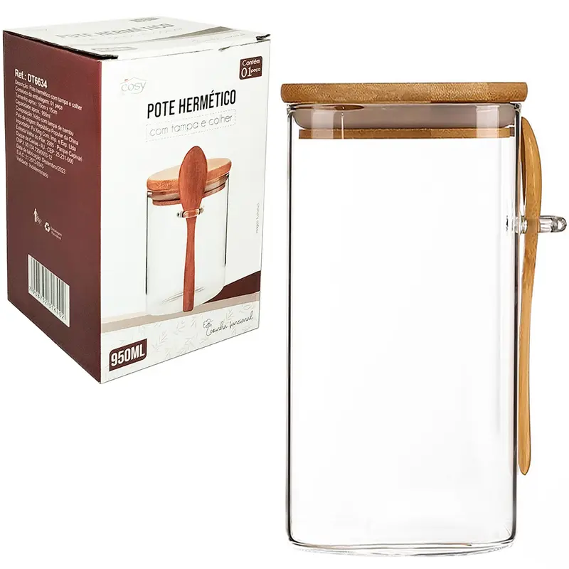 POTE DE VIDRO BOROSSILICATO LISO REDONDO COM ALCA + COLHER E TAMPA HERMETICA MADEIRA/BAMBU 950ML