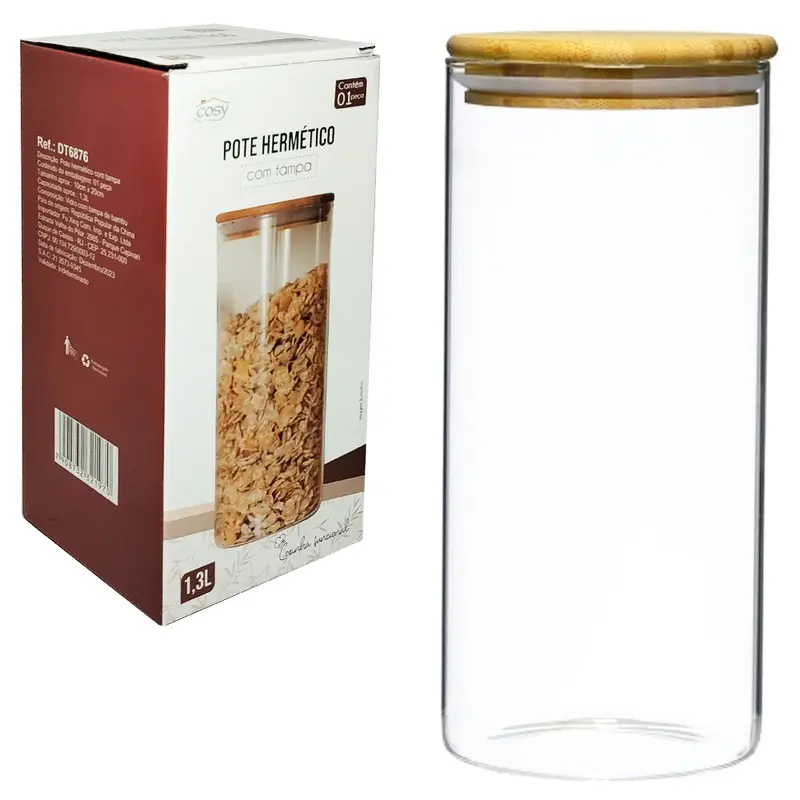 POTE DE VIDRO BOROSSILICATO LISO REDONDO COM TAMPA HERMETICA DE MADEIRA / BAMBU 1,3L