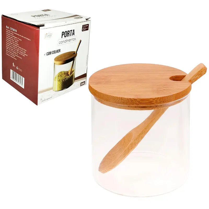 ACUCAREIRO / PORTA CONDIMENTO DE VIDRO COM COLHER + TAMPA DE MADEIRA / BAMBU 280ML