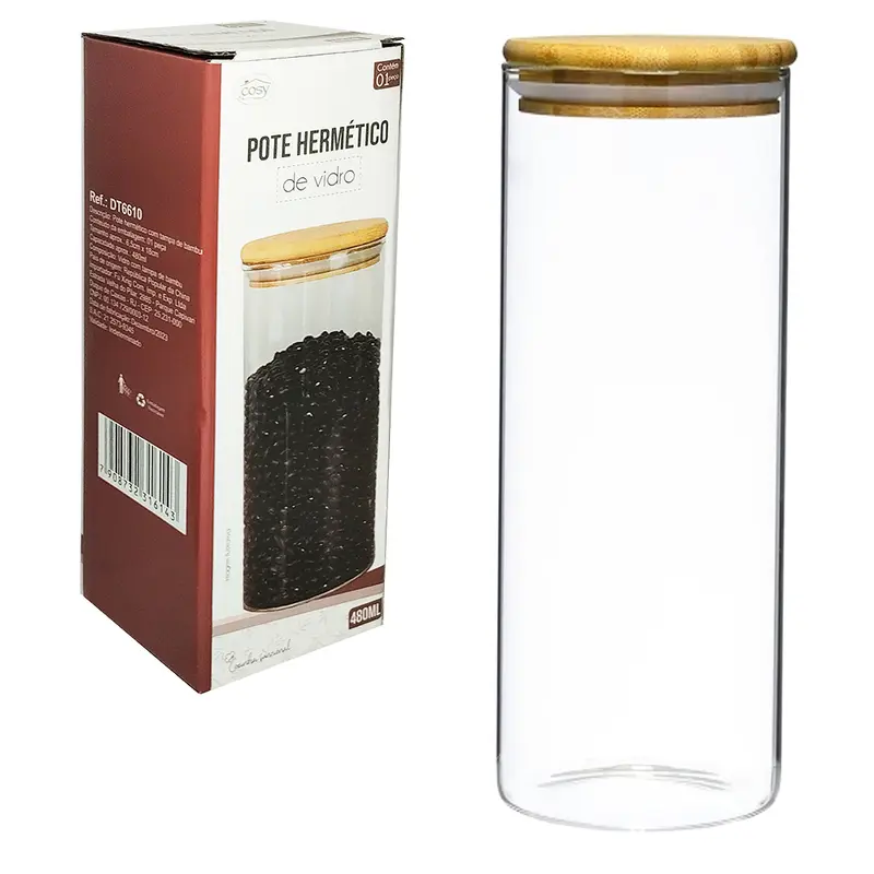 POTE DE VIDRO BOROSSILICATO REDONDO COM TAMPA HERMETICA DE MADEIRA / BAMBU 480ML