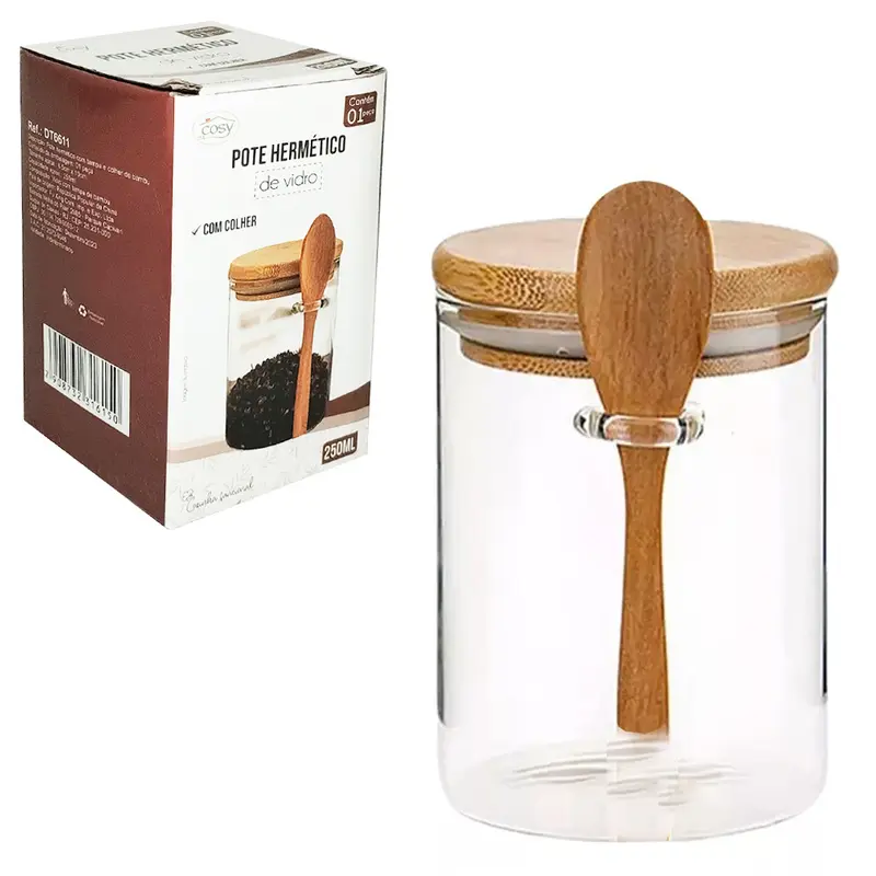 POTE DE VIDRO BOROSSILICATO LISO REDONDO COM ALCA + COLHER E TAMPA HERMETICA DE MADEIRA / BAMBU 250ML