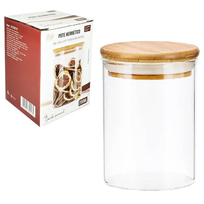 POTE DE VIDRO BOROSSILICATO LISO REDONDO COM TAMPA HERMETICA DE MADEIRA / BAMBU 200ML