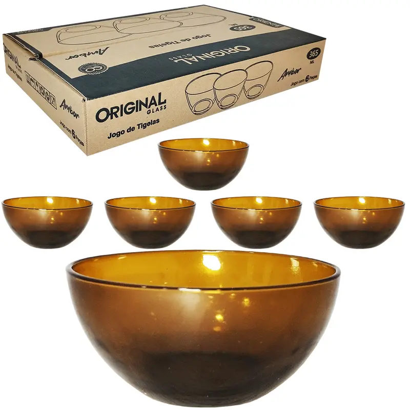 JOGO DE TIGELA DE VIDRO REDONDA PARA SOBREMESA ORIENTE AMBAR COM 6 PECAS 365ML