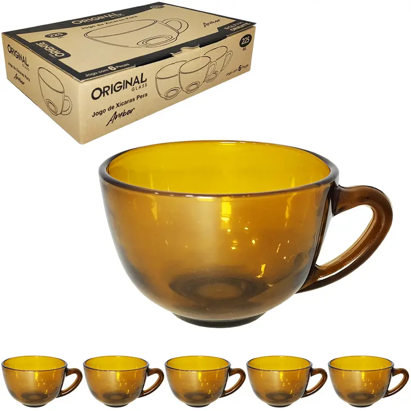 JOGO DE CANECA XICARA DE VIDRO PARA CHA PERA ORIENTE AMBAR COM 6 PECAS 225ML