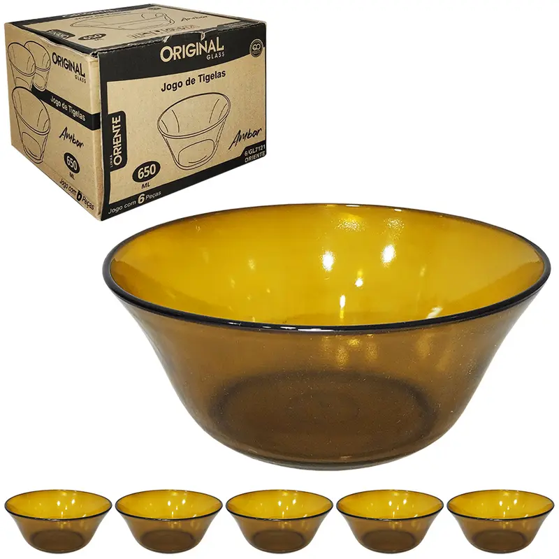 JOGO DE TIGELA DE VIDRO REDONDA ORIENTE AMBAR COM 6 PECAS 650ML 16,5CM DE Ø