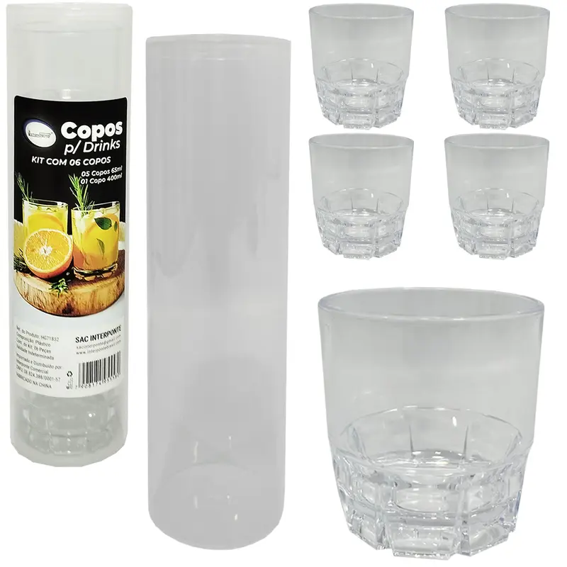 JOGO DE COPO DE ACRILICO DOSE / SHOT COM 5 PECAS 65ML + COPO DE PLASTICO COM TAMPA 400ML