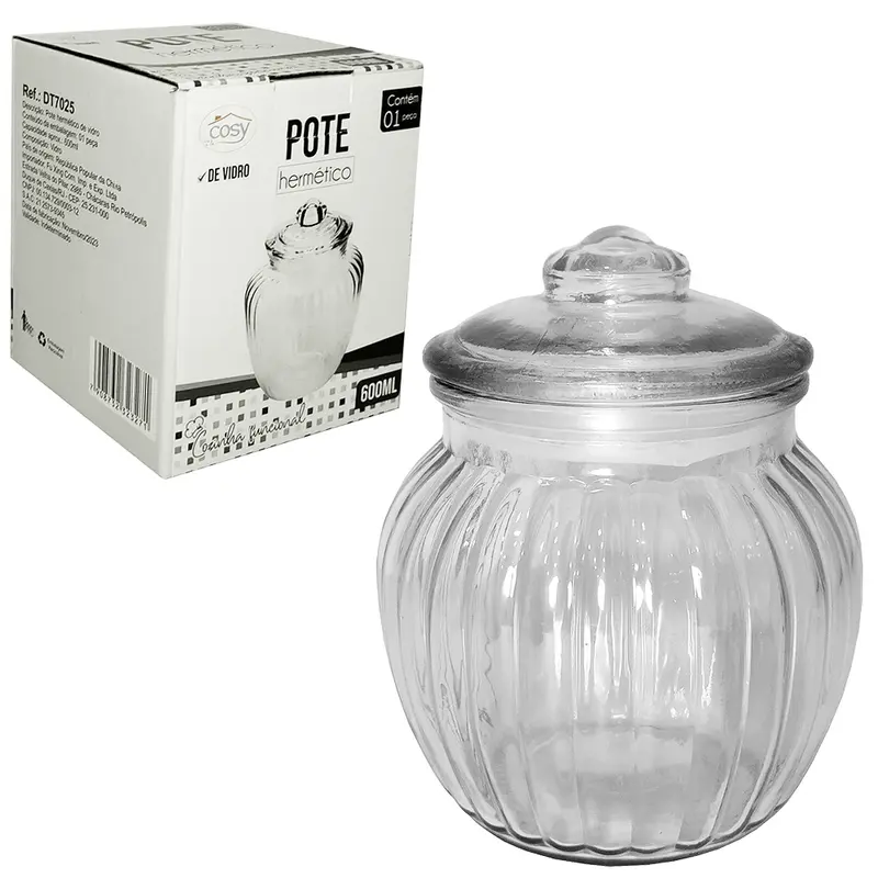 POTE DE VIDRO REDONDO COM TAMPA HERMETICA DE VIDRO 600ML