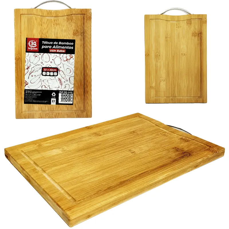 TABUA DE CORTE DE MADEIRA / BAMBU MULTIUSO RETANGULAR COM ALCA DE METAL 32X22CM