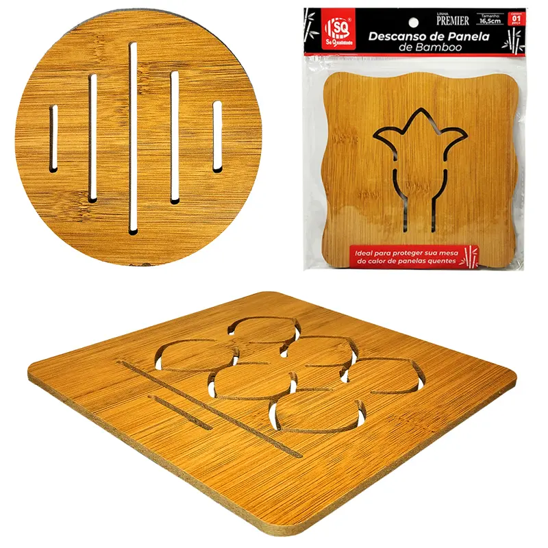 DESCANSO DE PANELA DE MADEIRA MDF TIPO BAMBU QUADRADO / REDONDO PREMIER 16,5/16,5CM DE Ø