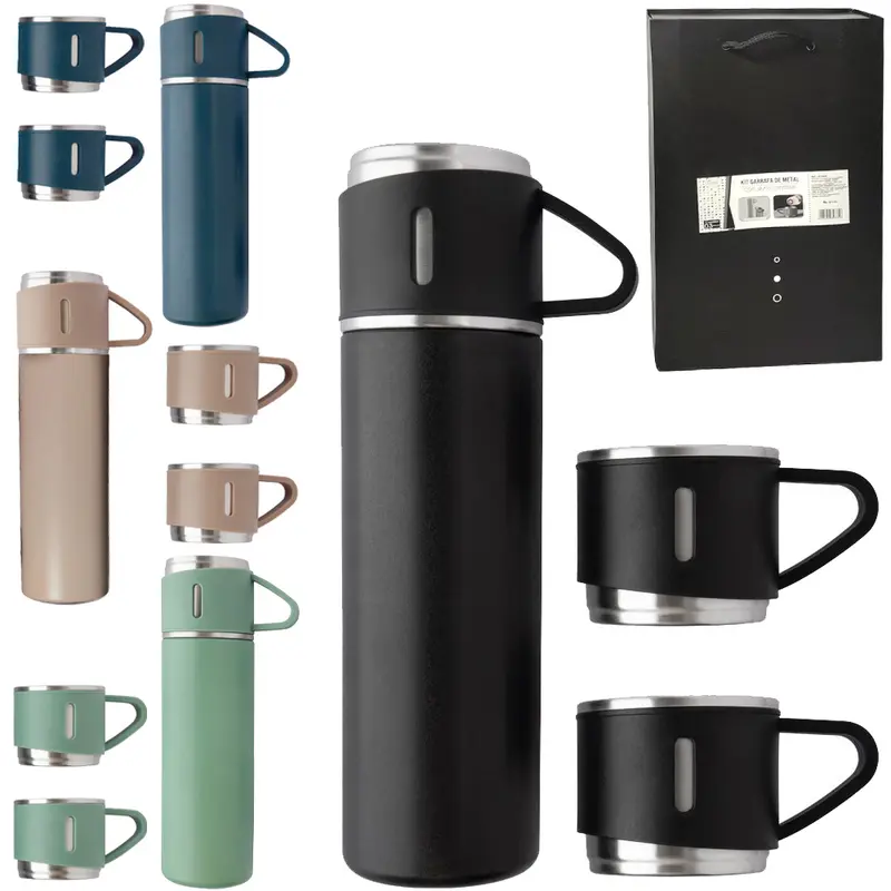GARRAFA TERMICA DE INOX COM PAREDE DUPLA + 3 CANECAS TAMPA 420/150ML