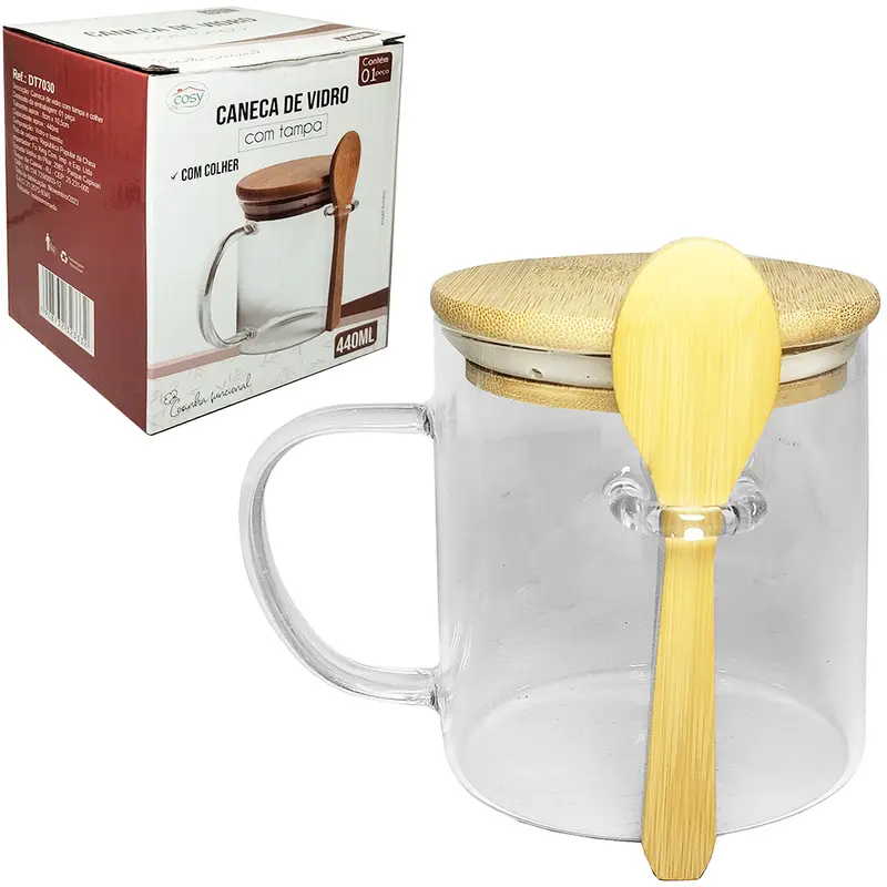 CANECA DE VIDRO BOROSSILICATO COM TAMPA E COLHER DE BAMBU 440ML