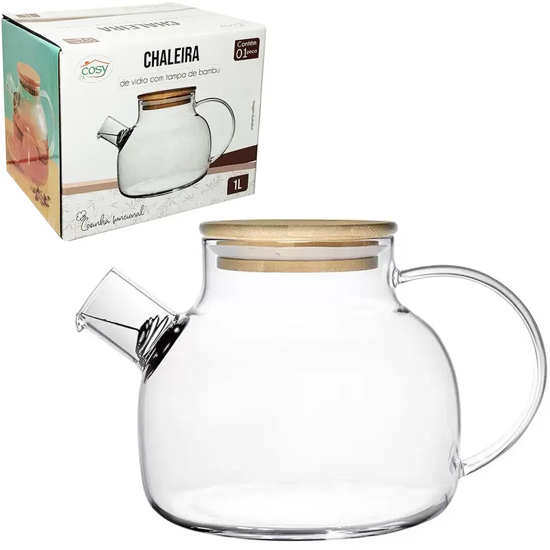 CHALEIRA VIDRO BOROSSILICATO COM COADOR INOX NO BICO + TAMPA MADEIRA / BAMBU 1L