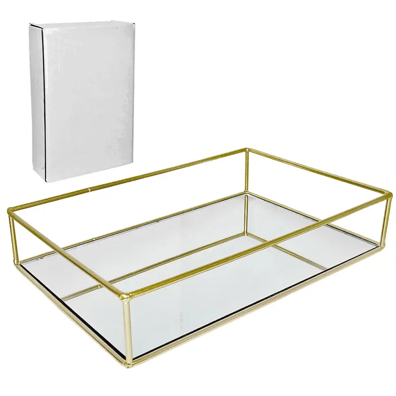 BANDEJA ARAMADO COM ESPELHO RETANGULAR DECORATIVA METALIZADO DOURADO 23X15X5CM