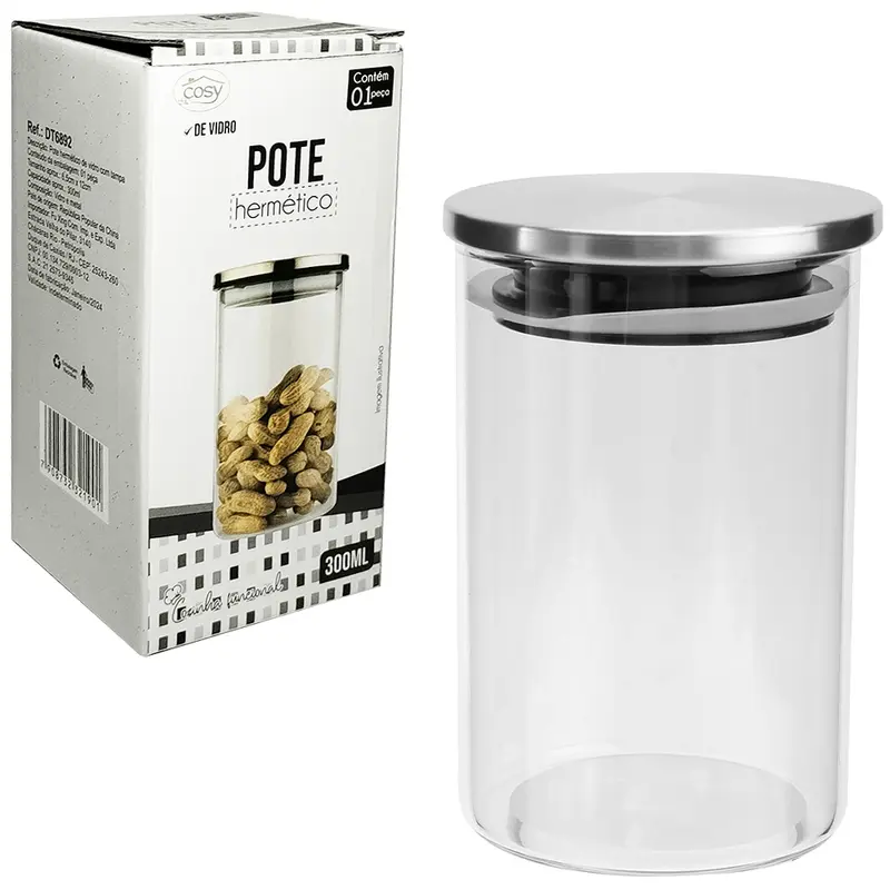 POTE DE VIDRO BOROSSILICATO LISO REDONDO COM TAMPA HERMETICA DE METAL 300ML