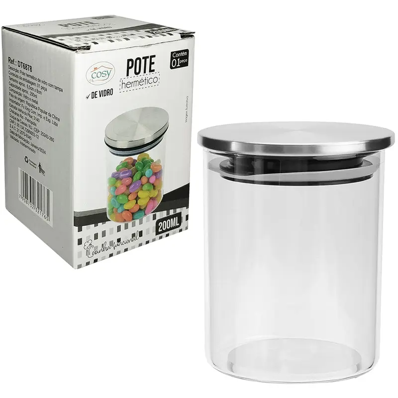 POTE DE VIDRO BOROSSILICATO LISO REDONDO COM TAMPA HERMETICA DE METAL 200ML