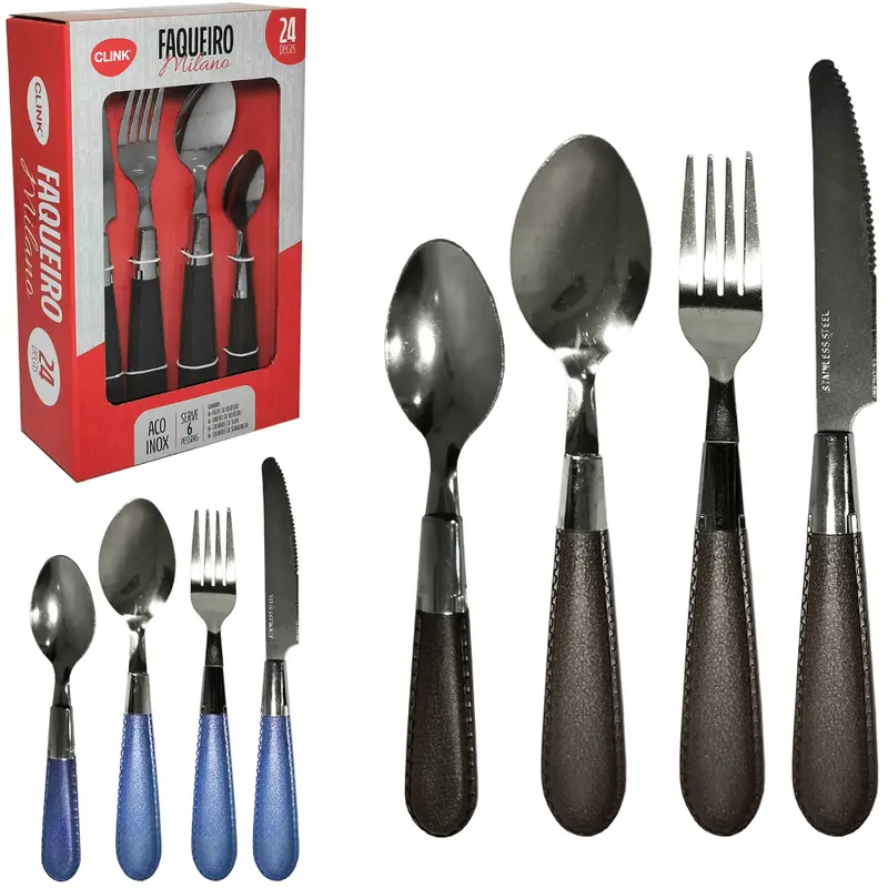 CONJUNTO DE TALHERES / FAQUEIRO DE INOX COM 24 PECAS CABO PLASTICO AZUL / MARROM MILANO