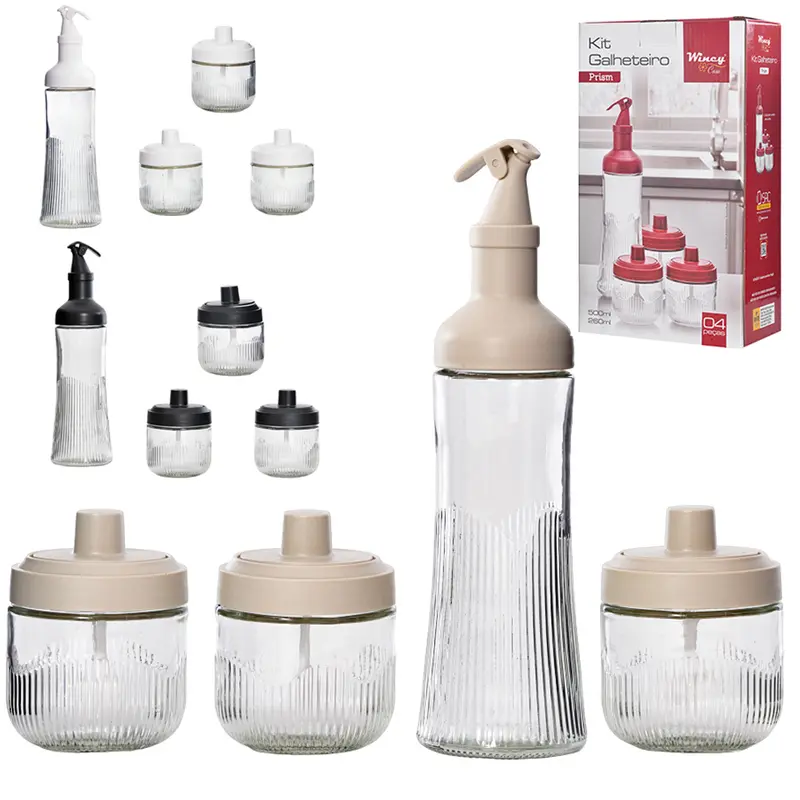 KIT GALHETEIRO AZEITEIRO / VINAGREIRO COM BICO DOSADOR + 3 PORTA CONDIMENTO DE VIDRO COM TAMPA+ COLHER PRISM
