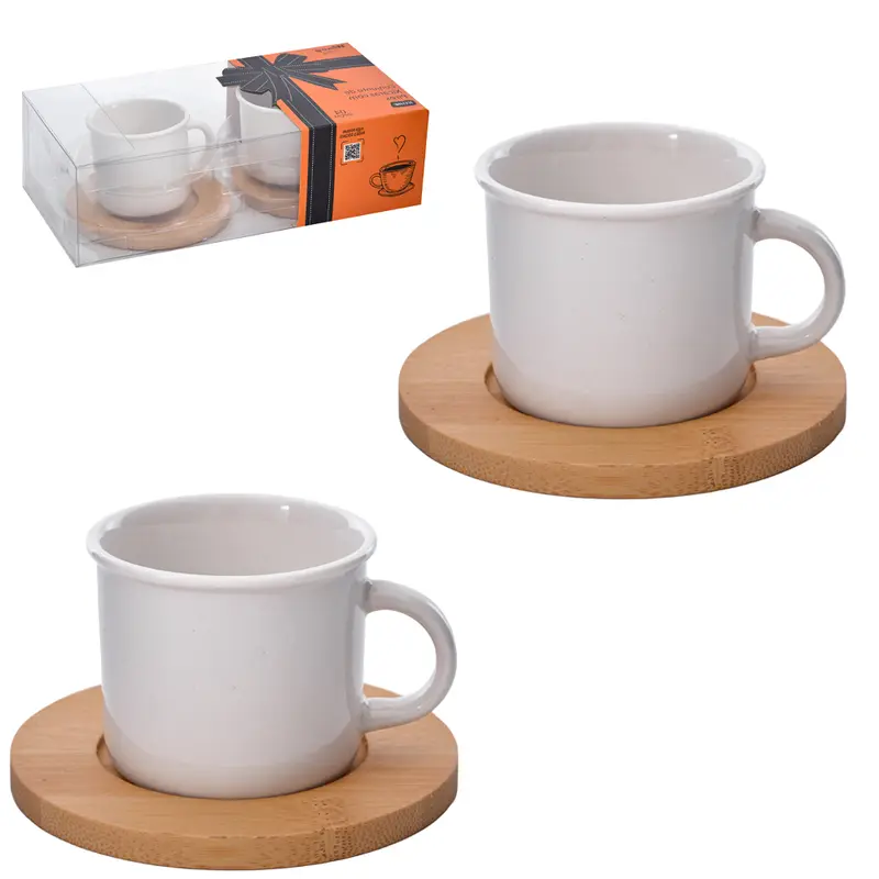 JOGO DE XICARA DE PORCELANA COM PIRES DE BAMBU PARA CAFE ICELAND 4 PECAS 80ML