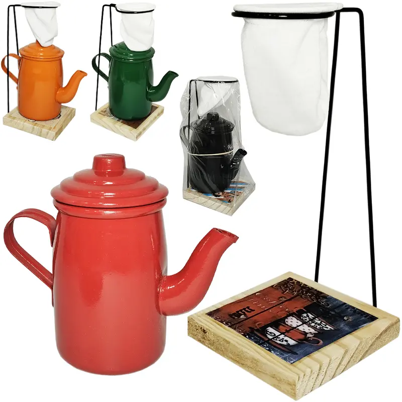 PORTA FILTRO / COADOR DE CAFE ARAMADO COM COADOR DE PANO FLANELADO E BASE DE MADEIRA + BULE 400ML