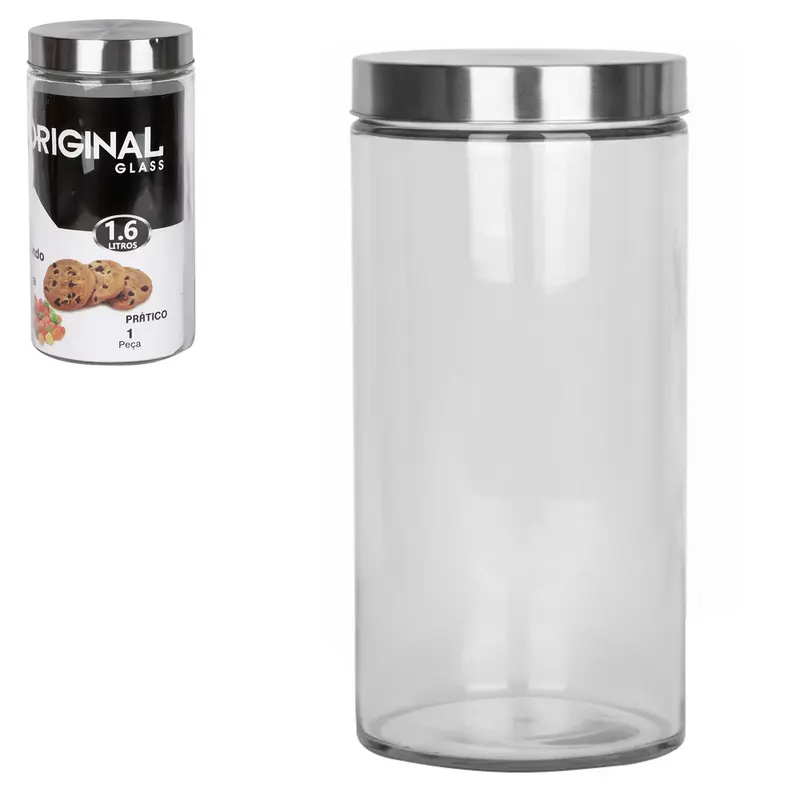 POTE DE VIDRO REDONDO LISO COM TAMPA DE INOX SAFIRA 1,6L