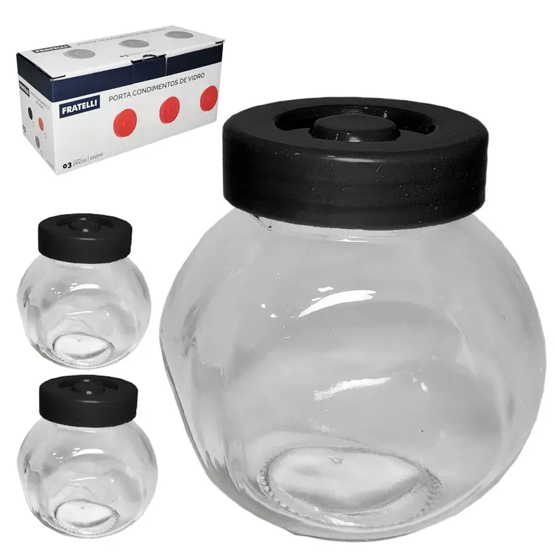 PORTA CONDIMENTO DE VIDRO BALEIRO COM TAMPA DE PLASTICO 3 PECAS 100ML