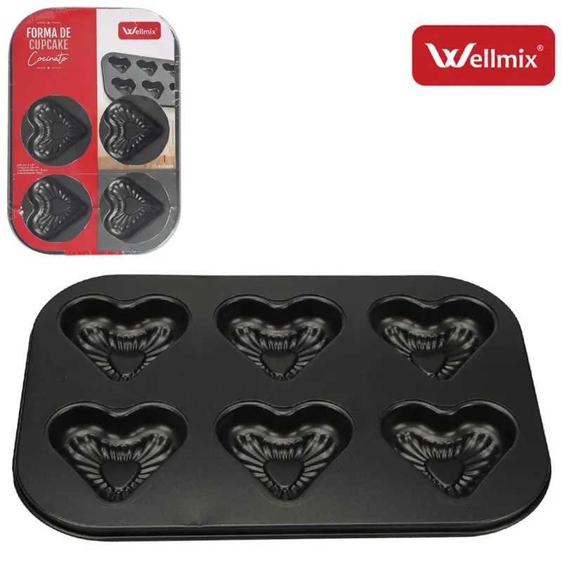 FORMA ASSADEIRA DE ACO CARBONO ANTIADERENTE PARA CUPCAKE CORACAO COCINATO 6 CAVIDADES 26X18,5CM