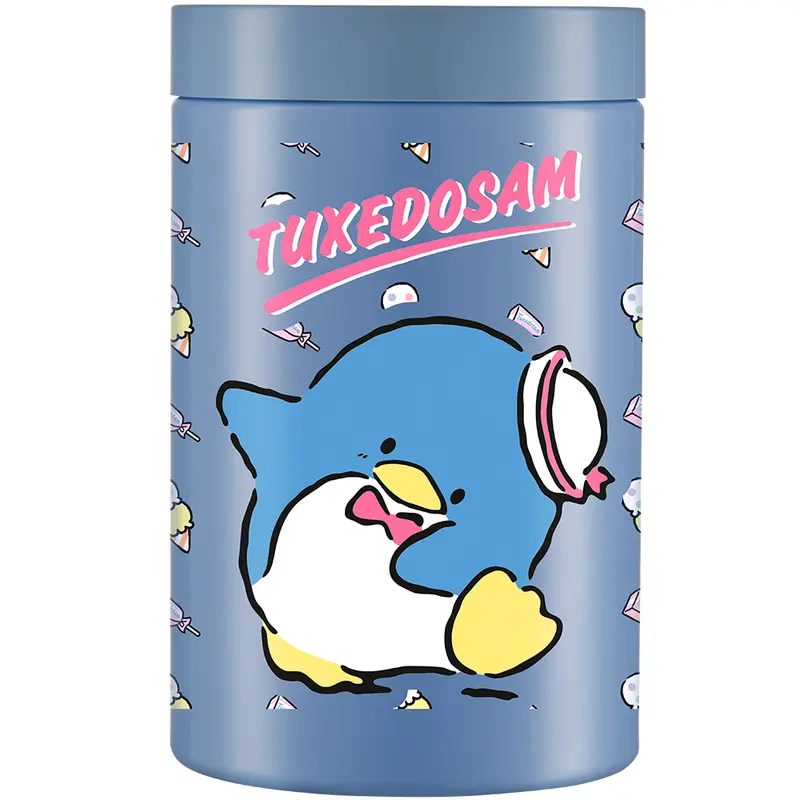 ORGANIZADOR DE PLASTICO REDONDO AZUL TUXEDOSAM TUXE SORVETE SANRIO COM TAMPA DE ROSCA 1500ML