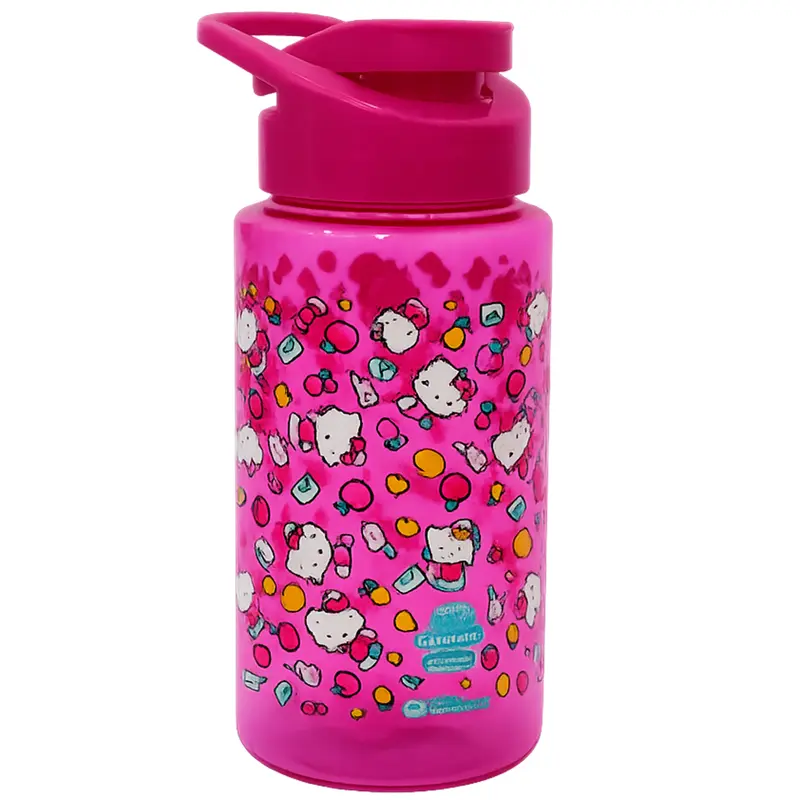 GARRAFA SQUEEZE DE PLASTICO PET SPORT ROSA HELLO KITTY COLOR COM TAMPA + ALCA 500ML