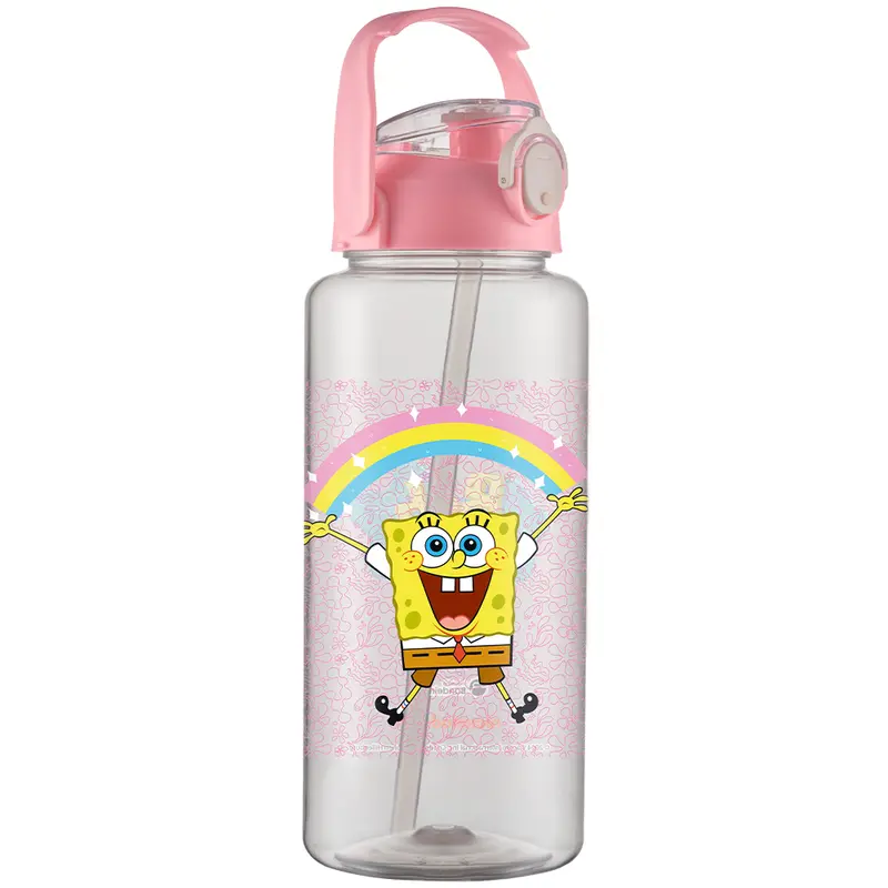 GARRAFA SQUEEZE DE PLASTICO PET TRANSPARENTE BOB ESPONJA IMAGINAT PARAMO COM CANUDO + BOTAO E ALCA 2000ML