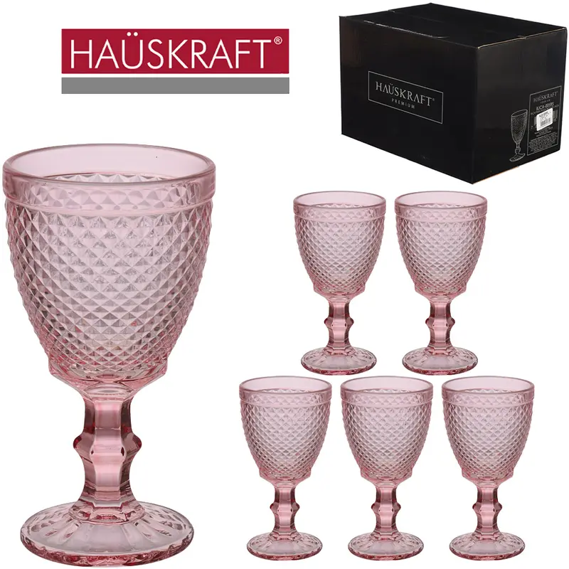 JOGO DE TACA DE VIDRO PARA AGUA / VINHO BICO DE JACA ROSA HAUSKRAFT PREMIUM COM 6 PECAS 320ML