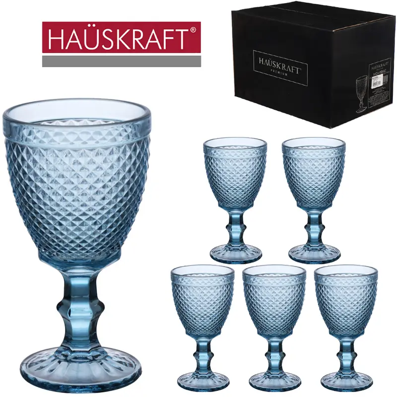 JOGO DE TACA DE VIDRO PARA AGUA / VINHO BICO DE JACA AZUL HAUSKRAFT PREMIUM COM 6 PECAS 320ML