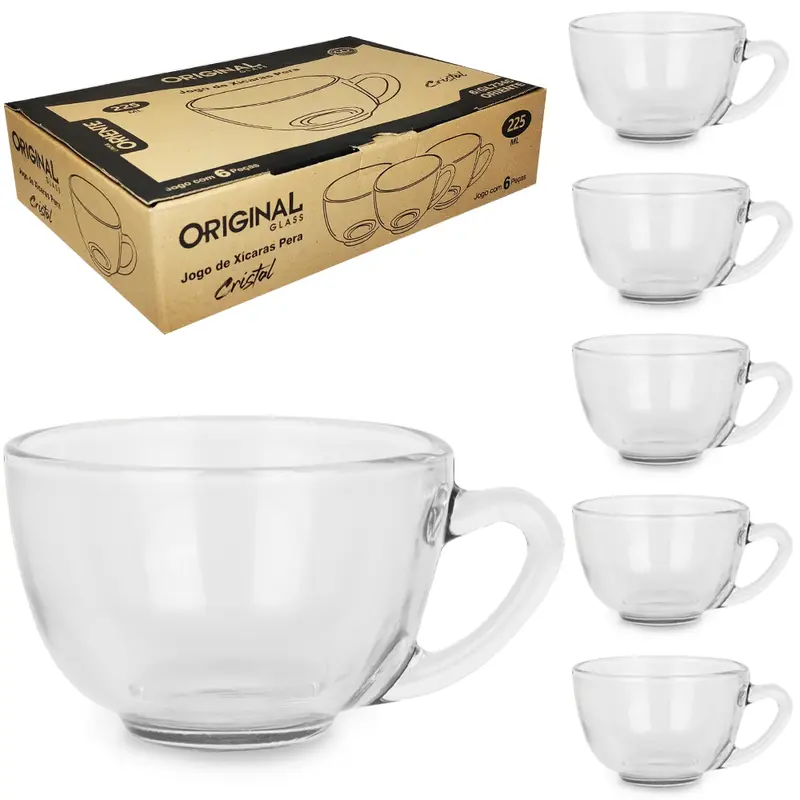 JOGO DE CANECA XICARA DE VIDRO PARA CHA PERA ORIENTE CRISTAL COM 6 PECAS 225ML