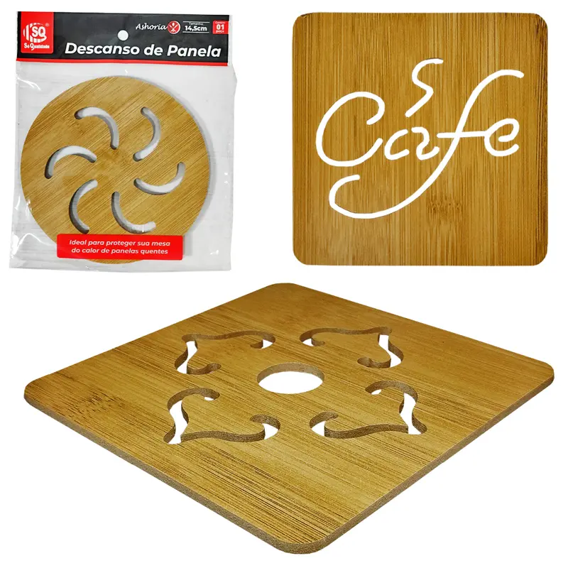 DESCANSO DE PANELA DE MADEIRA MDF TIPO BAMBU QUADRADO / REDONDO ASHORIA 14,5/14,5CM DE Ø