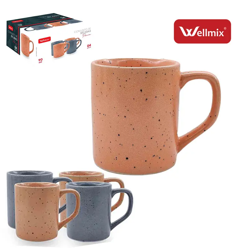 JOGO DE XICARA DE PORCELANA PARA CAFE PAVIA CINZA E LARANJA COM 4 PECAS 90ML