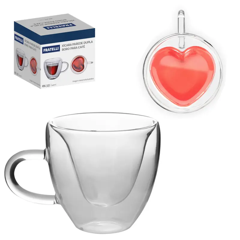 CANECA XICARA DE VIDRO BOROSSILICATO COM PAREDE DUPLA BISTRO CORACAO PARA CAFE / CAPPUCCINO BORO 140ML