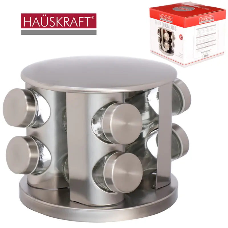 PORTA CONDIMENTO DE VIDRO/INOX COM 8 PECAS 100ML + SUPORTE GIRATORIO REDONDO HAUSKRAFT