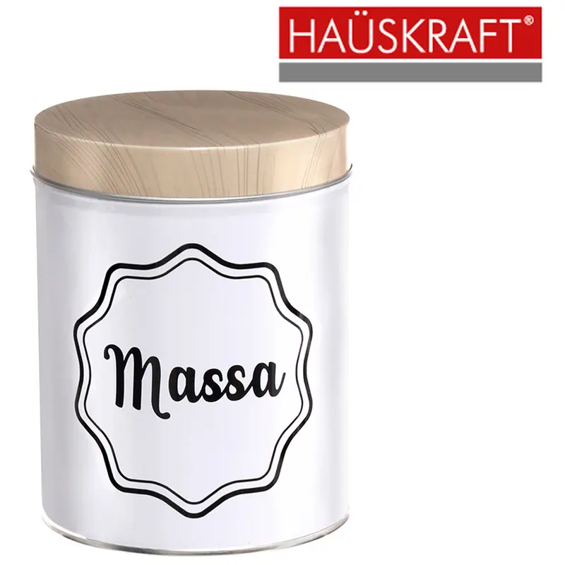 POTE DE LATA REDONDO BRANCO PARA MACARRAO / MASSA COM TAMPA TIPO MADEIRA HAUSKRAFT 1,1L