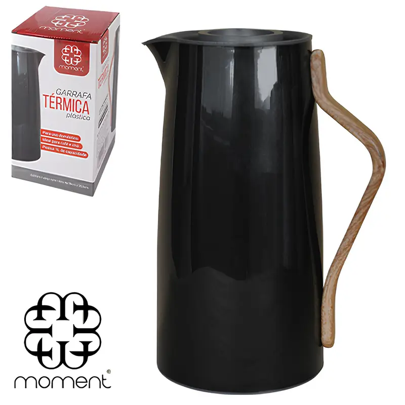 GARRAFA TERMICA COM AMPOLA DE VIDRO PRETA + CABO TIPO MADEIRA MOMENT 1L