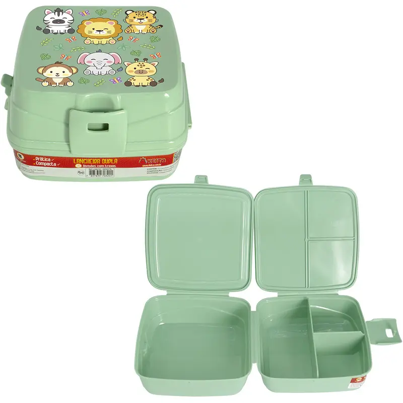 LANCHEIRA DE PLASTICO VERDE BICHINHOS QUADRADO DUPLA COM 4 DIVISORIAS + TRAVA 15X14,5X9,5CM