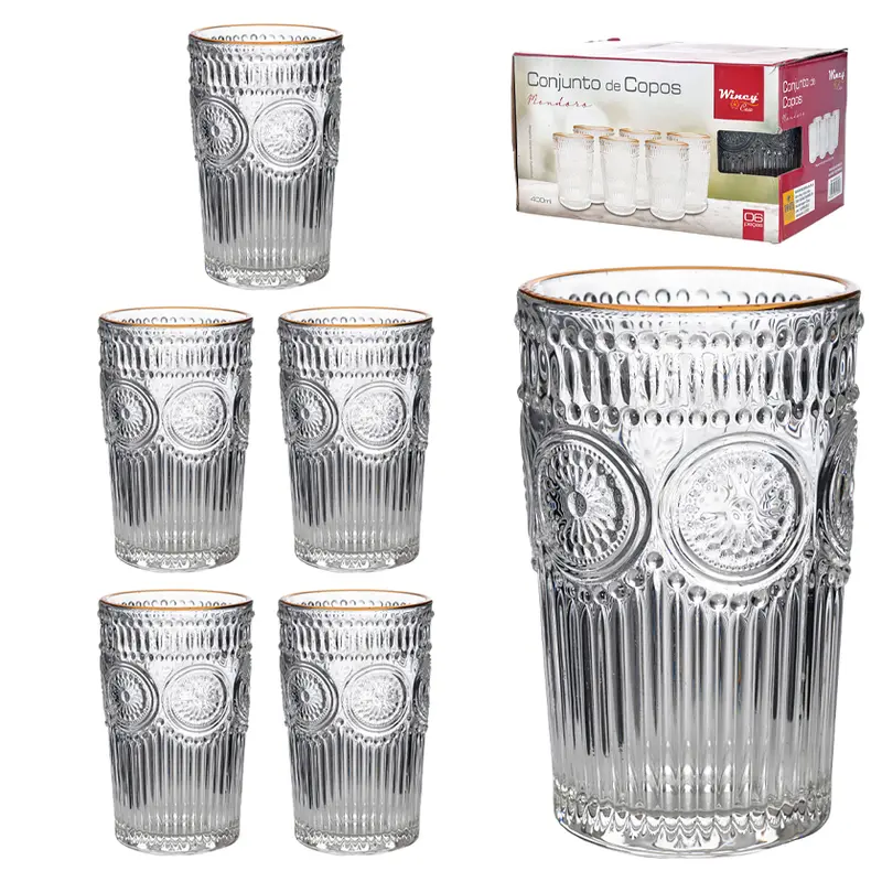 JOGO DE COPO DE VIDRO COM BORDA DOURADA MONDORO COM 6 PECAS 400ML