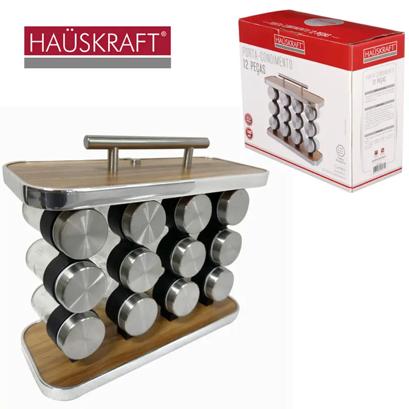 PORTA CONDIMENTO DE VIDRO COM 12 PECAS 100ML + SUPORTE DE INOX / MADEIRA MDF RETANGULAR HAUSKRAFT
