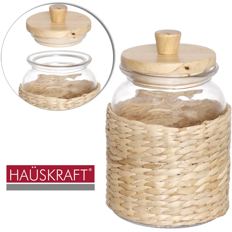 POTE DE VIDRO REVESTIDO EM FIBRA DE PALHA REDONDO COM TAMPA HERMETICA MADEIRA / BAMBU SUNSET HAUSKRAFT 1L