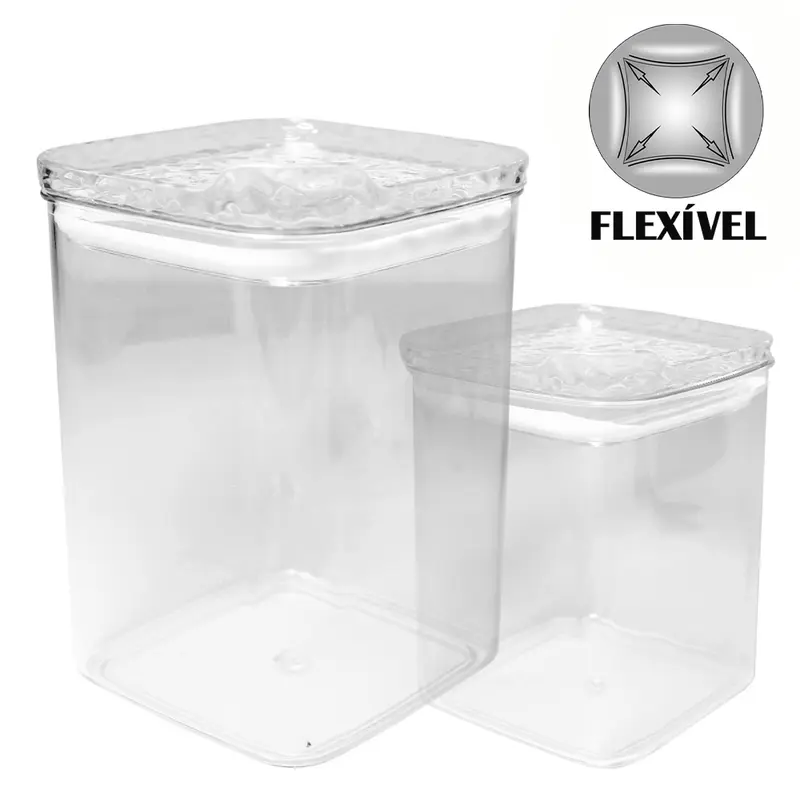 CONJUNTO DE POTE DE PLASTICO PET FLEXIVEL QUADRADO EMPILHAVEL COM TAMPA HERMETICA 2 PECAS 950 / 460ML