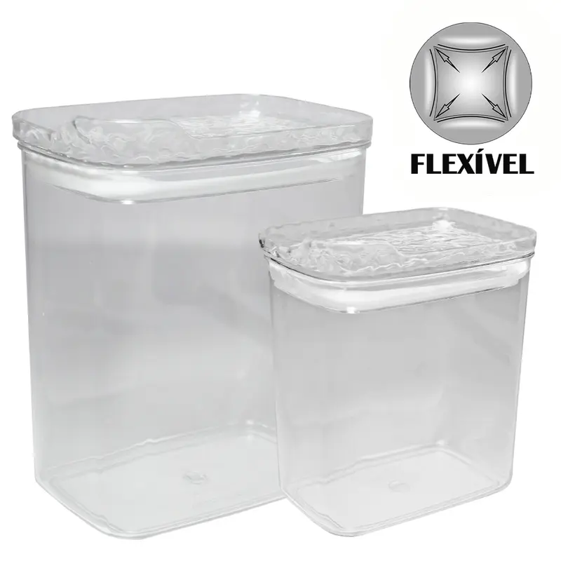CONJUNTO DE POTE DE PLASTICO PET FLEXIVEL RETANGULAR EMPILHAVEL COM TAMPA HERMETICA 2 PECAS 950 / 460ML