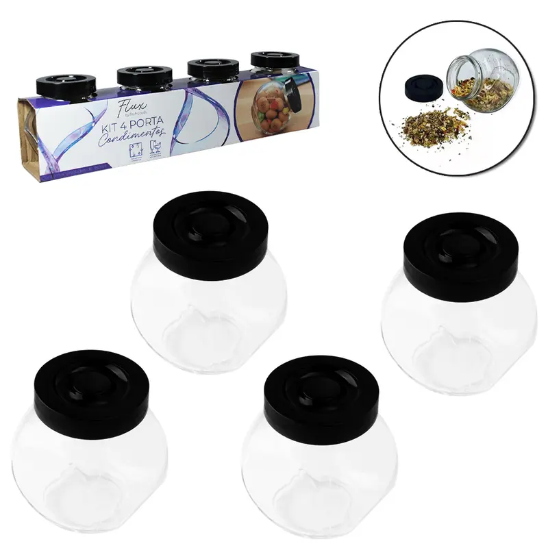 PORTA CONDIMENTO DE VIDRO BALEIRO COM TAMPA DE PLASTICO PRETA COM 4 PECAS 180ML