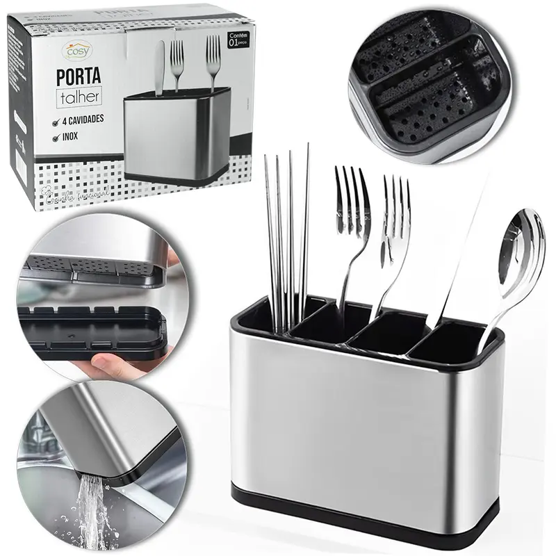 PORTA TALHER / ESCORREDOR DE TALHER DE INOX RETANGULAR COM 4 CAVIDADES 17,5X13X8,5CM