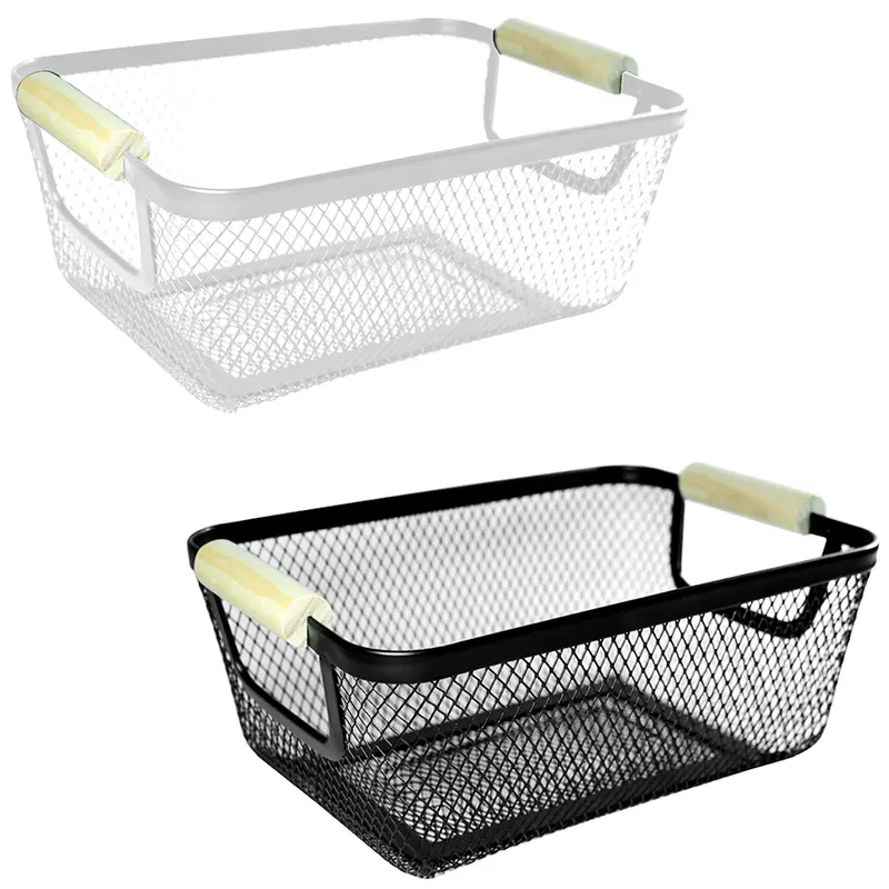 CESTO ORGANIZADOR ARAMADO RETANGULAR MULTIUSO COM ALCA DE MADEIRA 23,5X17X10CM