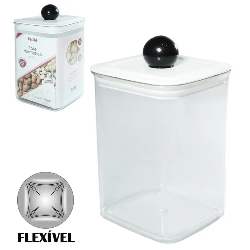 POTE DE PLASTICO PET FLEXIVEL QUADRADO COM TAMPA HERMETICA 950ML