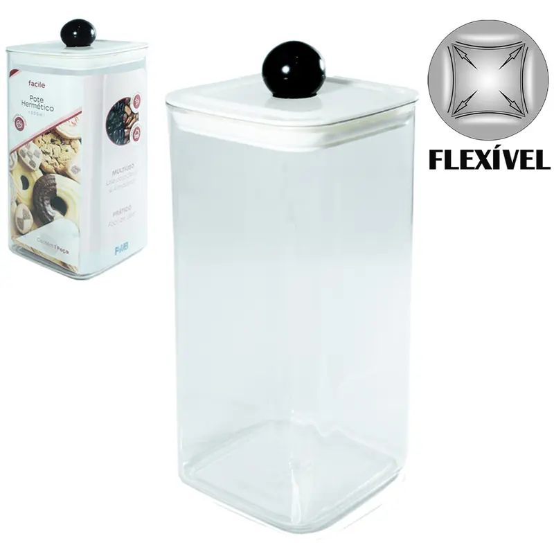 POTE DE PLASTICO PET FLEXIVEL QUADRADO COM TAMPA HERMETICA 1300ML